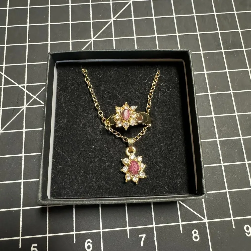 Necklace & Ring Set | Synthetic Ruby Glass Rhinestone Gold Tone Delicate Pendant